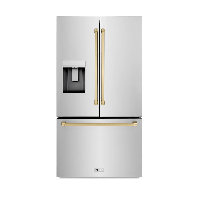 ZLINE Autograph Edition 36 in. 28.9 cu. ft. Standard-Depth French Door External Water Dispenser Refrigerator with Dual Ice Maker in Fingerprint-Resistant Black Stainless Steel and Champagne Bronze Traditional Handles (RSMZ-W-36-BS-CB) Zline