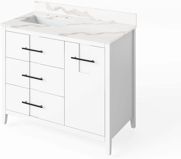 Tocador Jeffrey Alexander Katara de 42" de acero azul, desplazado a la izquierda, color Calacatta Vienna Qu