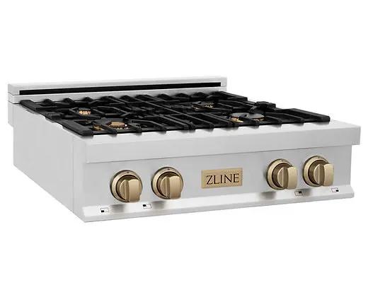 ZLINE Autograph Edition 30 in. Legacy Gas Rangetop with 4 Burners and Porcelain Cooktop in Satin Stainless Steel with Champagne Bronze Accents (RTSZ-30-CB) Zline