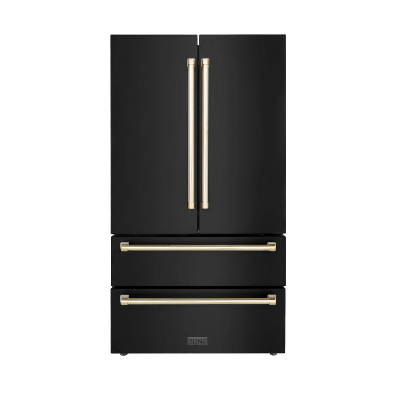 ZLINE Autograph Edition 36 in. 22.5 cu. ft. Counter-Depth French Door Refrigerator with Ice Maker in Fingerprint-Resistant Black Stainless Steel with Polished Gold Traditional Handles (RFMZ-36-BS-G) Zline