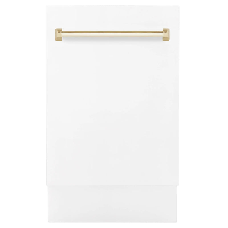 ZLINE Autograph Edition 18” Tallac Series 3rd Rack Top Control Built-In Dishwasher in White Matte with Polished Gold Handle, 51dBa (DWVZ-WM-18-G) Zline