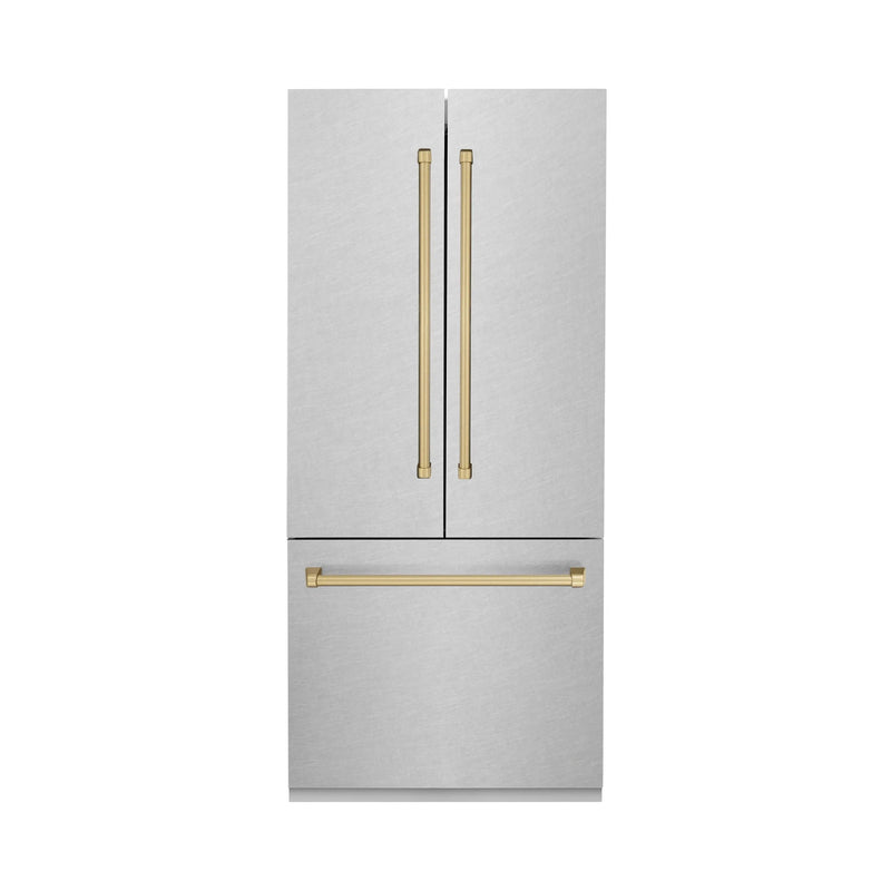 ZLINE Autograph Edition 36 in. 19.6 cu. ft. French Door Built-In Bottom Freezer Refrigerator with Water Dispenser and Ice Maker in Satin Stainless Steel with Champagne Bronze Accents (RBIVZ-SN-36-CB) Zline