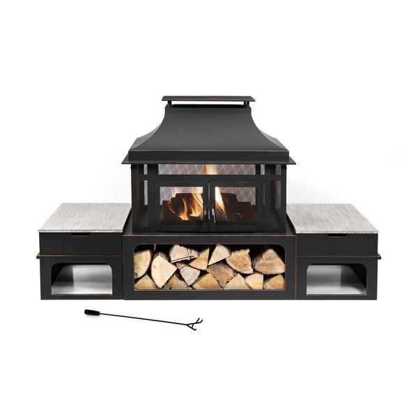 Chimenea de leña metálica Rimasco de 80 pulgadas de Deko Living con mesas laterales de almacenamiento