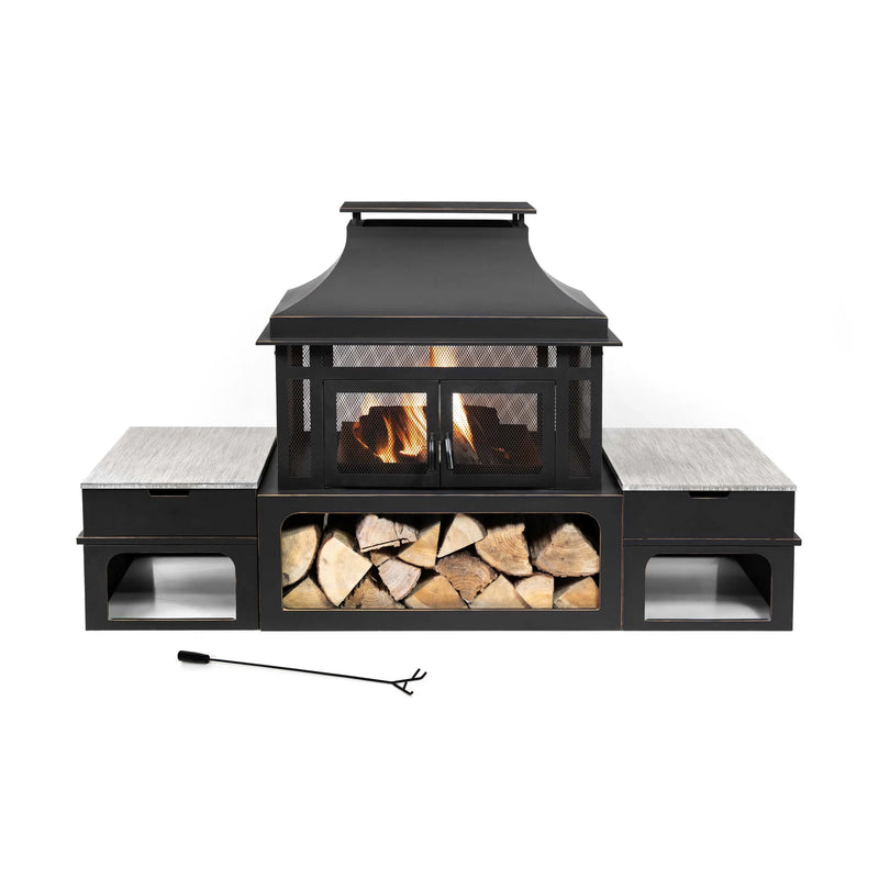 Deko Living Rimasco 80-Inch Metal Wood Burner Fireplace with Side Storage Tables Deko Living