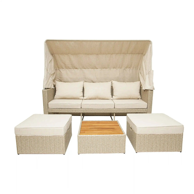 Deko Living COP30007 patio sofa with raised canopy, two cushioned ottomans and table