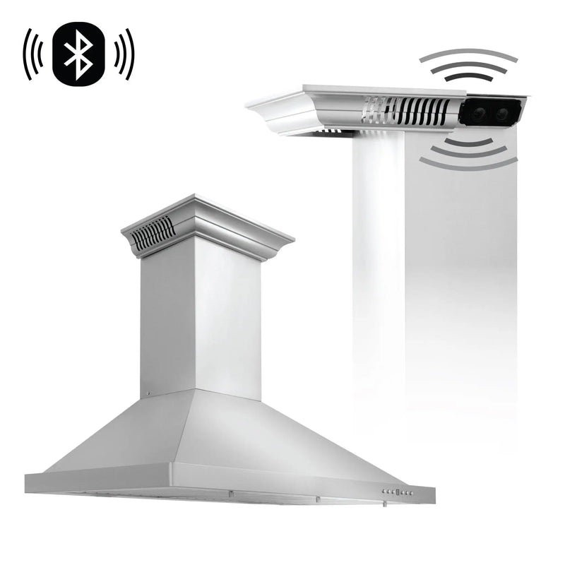 36" ZLINE CrownSound™Ducted Vent Wall Mount Range Hood in Stainless Steel with Built-in Bluetooth Speakers (KBCRN-BT-36) Zline