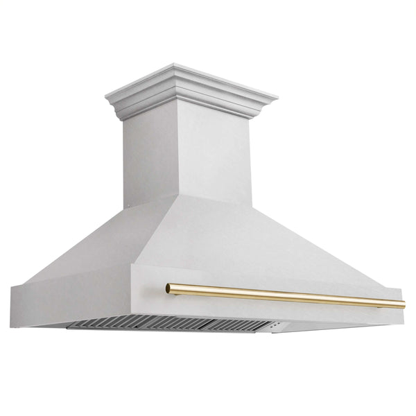 ZLINE Autograph Edition 48 in. Satin Stainless Steel Wall Mount Range Hood with White Matte Shell and Champagne Bronze Handle (8654SNZ-WM48-CB)