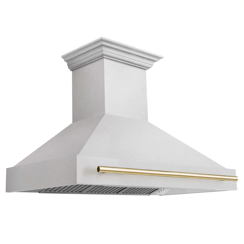 ZLINE Autograph Edition 48 in. Satin Stainless Steel Wall Mount Range Hood with White Matte Shell and Champagne Bronze Handle (8654SNZ-WM48-CB) Zline