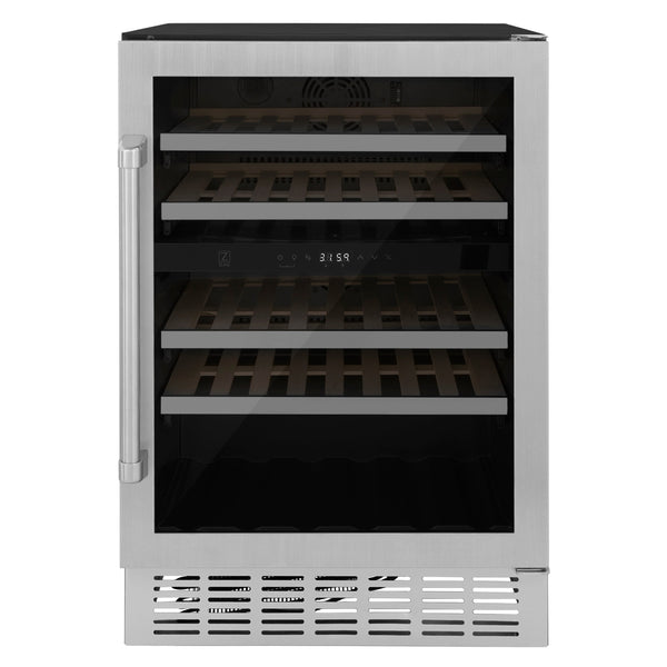 Enfriador de vinos ZLINE de 24" con dos zonas y capacidad para 44 botellas en acero inoxidable con estante de madera (RW)