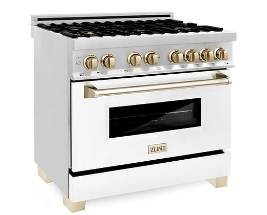 ZLINE Autograph Edition 36 in. 4.6 cu. ft. Legacy Dual Fuel Range with 6 Burner Gas Cooktop and Electric Convection Oven in Satin Stainless Steel with White Matte Door and Champagne Bronze Accents (RASZ-WM-36-CB) Zline
