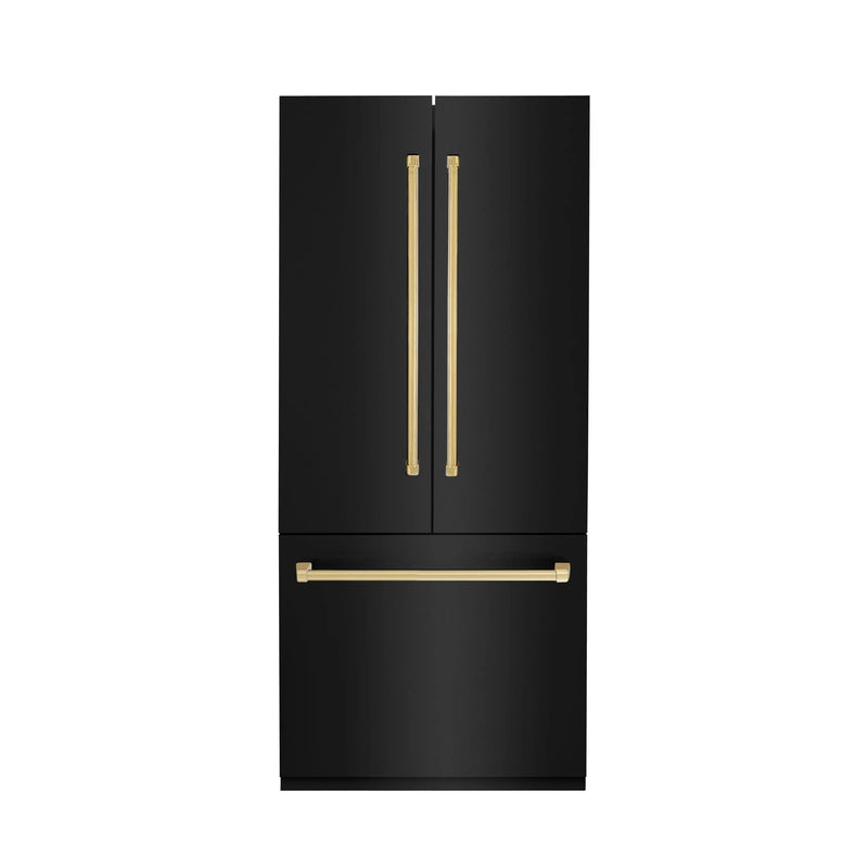 ZLINE Autograph Edition 36 in. 19.6 cu. ft. French Door Built-In Bottom Freezer Refrigerator with Water Dispenser and Ice Maker in Black Stainless Steel with Champagne Bronze Accents (RBIVZ-BS-36-CB) Zline