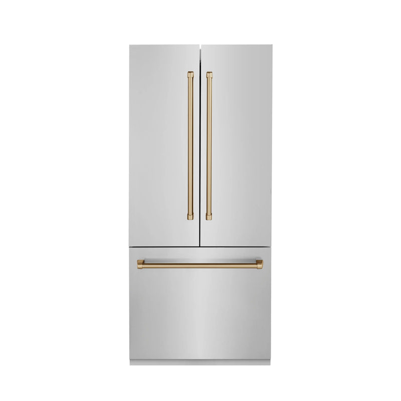 ZLINE Autograph Edition 36 in. 19.6 cu. ft. French Door Built-In Bottom Freezer Refrigerator with Water Dispenser and Ice Maker in Stainless Steel with Champagne Bronze Accents (RBIVZ-304-36-CB) Zline