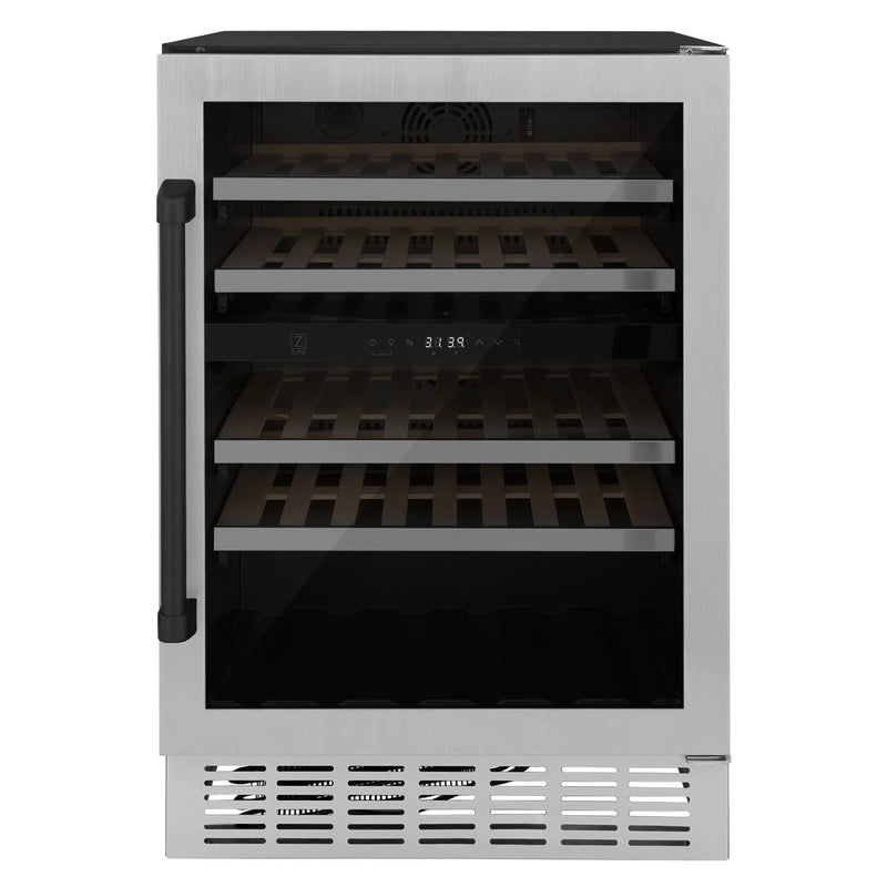ZLINE 24" Autograph Edition Dual Zone 44-Bottle Wine Cooler in Stainless Steel with Wood Shelf and Matte Black Accents (RWVZ-UD-24-MB) Zline