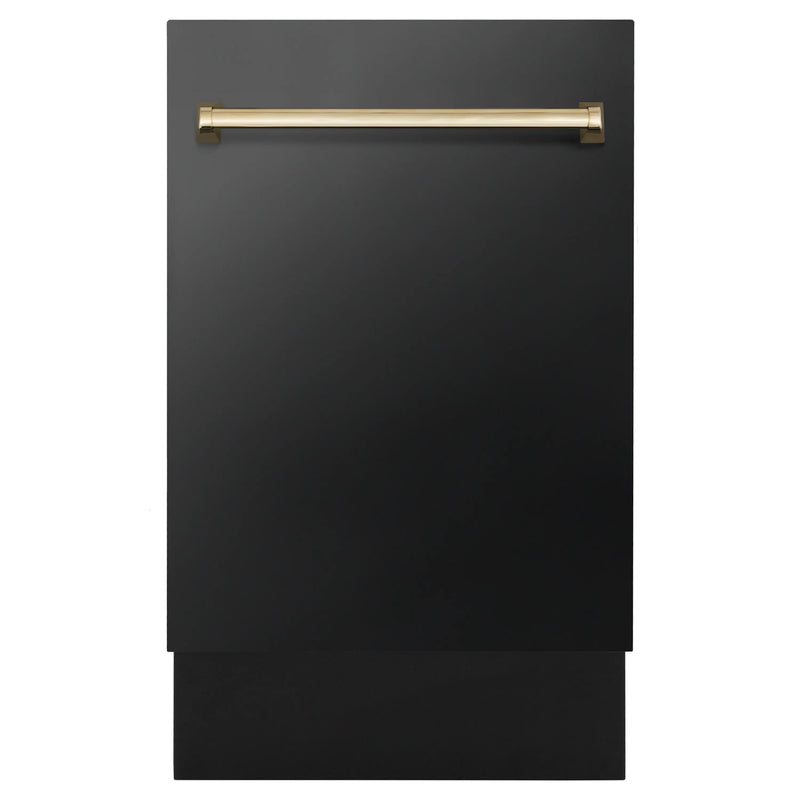 ZLINE Autograph Edition 18” Tallac Series 3rd Rack Top Control Built-In Dishwasher in Black Stainless Steel with Polished Gold Handle, 51dBa (DWVZ-BS-18-G) Zline