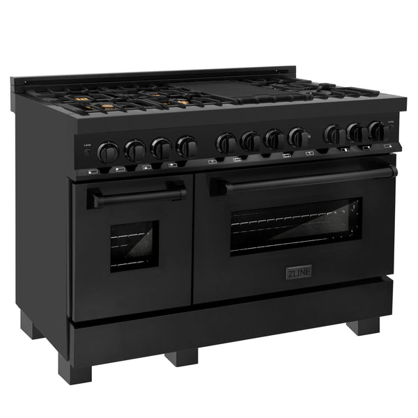 Gama ZLINE de 48 pulgadas, acero inoxidable negro, 6.0 pies cúbicos, 7 quemadores a gas/horno eléctrico (RAB-B)
