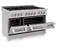ZLINE 48 in. 6.0 cu. ft. Legacy Dual Fuel Range with 7 Burner Gas Cooktop and 2 Electric Ovens in Satin Stainless Steel and Red Matte Doors (RAS-RM-48)