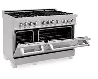 ZLINE 48 in. 6.0 cu. ft. Legacy Dual Fuel Range with 7 Burner Gas Cooktop and 2 Electric Ovens in Satin Stainless Steel and Black Matte Doors