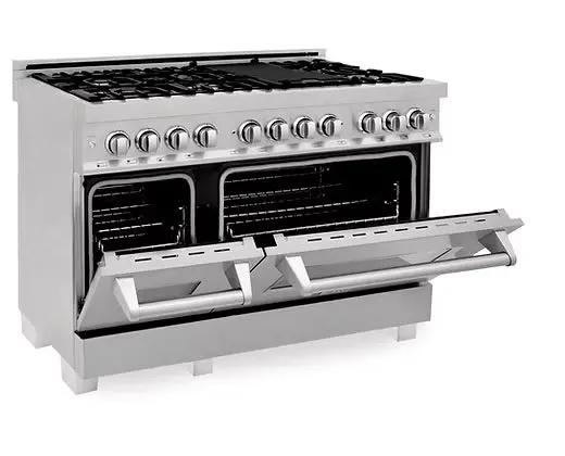 ZLINE 48 in. 6.0 cu. ft. Legacy Dual Fuel Range with 7 Burner Gas Cooktop and 2 Electric Ovens in Satin Stainless Steel and Red Matte Doors (RAS-RM-48) Zline