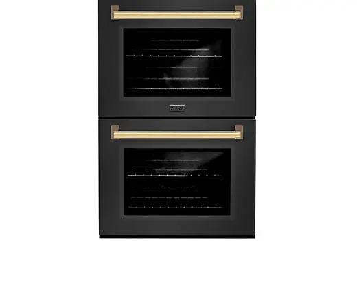 ZLINE 30 in. Autograph Edition Professional True Convection Double Wall Oven with Air Fry and Self Clean in Black Stainless Steel with Polished Gold Handles (WADBZ-30-G) Zline