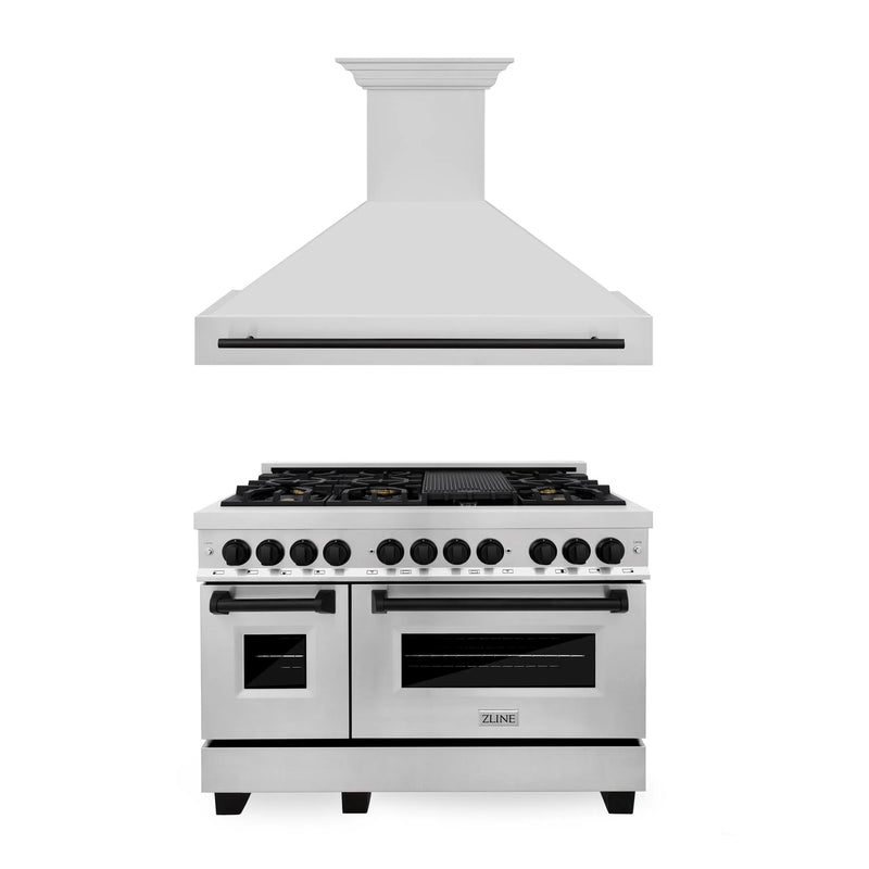 ZLINE 48" Autograph Edition Kitchen Package with Stainless Steel Dual Fuel Range and Range Hood with Matte Black Accents (2AKP-RARH48-MB) Zline