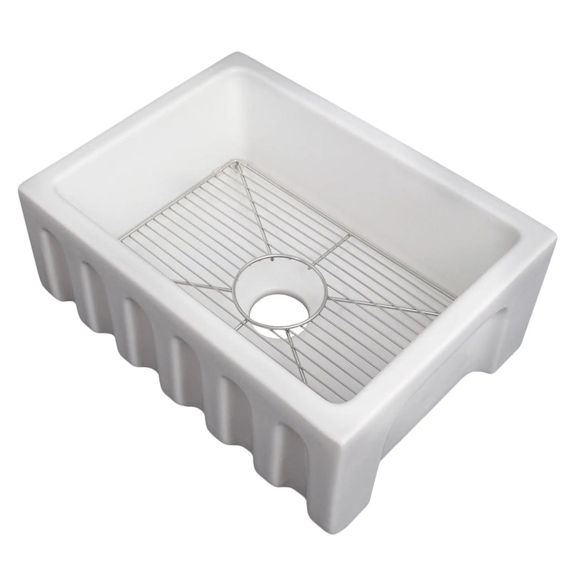 ZLINE 24 in. Venice Farmhouse Apron Front Reversible Single Bowl Fireclay Kitchen Sink with Bottom Grid in White Gloss (FRC5120-WH-24) Zline