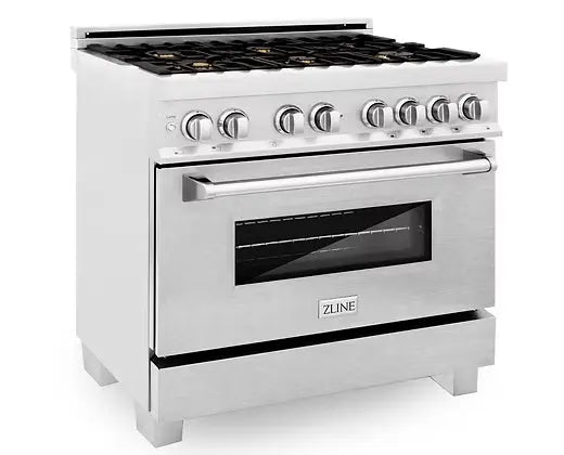 ZLINE 36 in. 4.6 cu. ft. Legacy Dual Fuel Range with 6 Burner Gas Cooktop and Electric Convection Oven in Satin Stainless Steel (RAS-SN-36) Zline