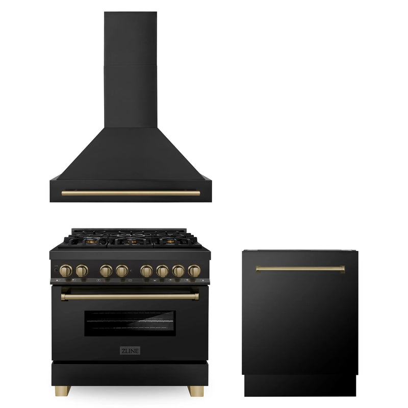 ZLINE 36" Autograph Edition Kitchen Package with Black Stainless Steel Dual Fuel Range, Range Hood and Dishwasher with Champagne Bronze Accents (3AKP-RABRHDWV36-CB) Zline