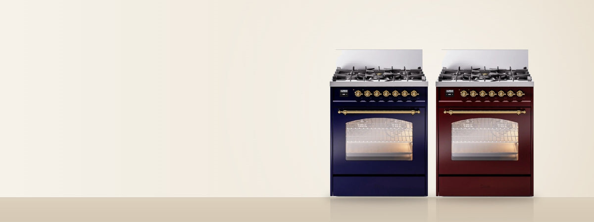 ILVE Nostalgie II ranges in Midnight Blue and Burgundy with brass trim