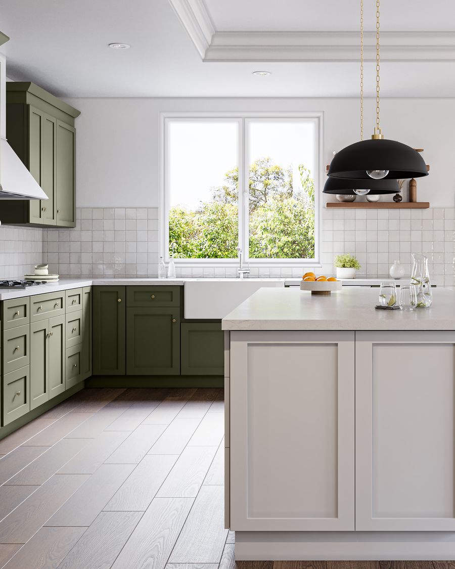 Shaker kitchen with island, farmhouse sink and brass hardware — plan yours in Kitchen Studio