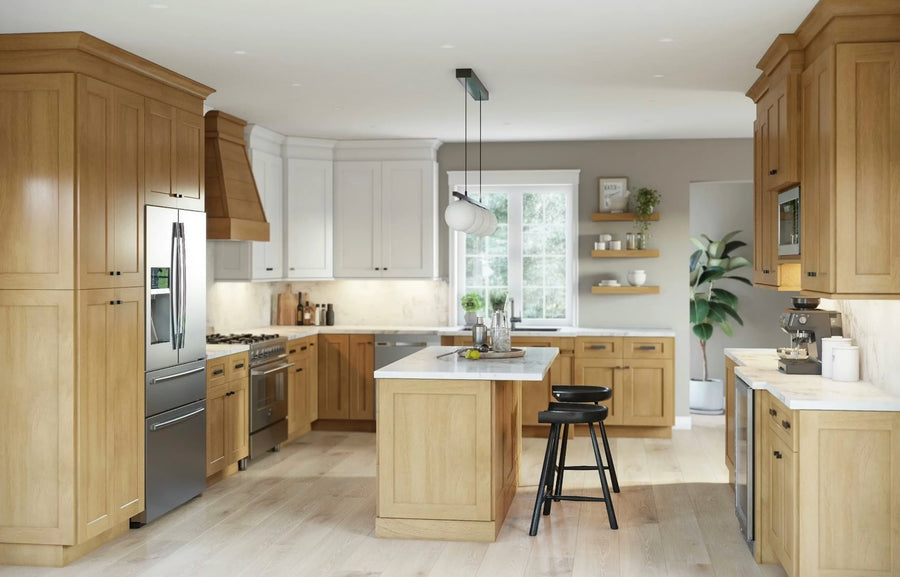Two-tone white and natural wood Shaker kitchen with island