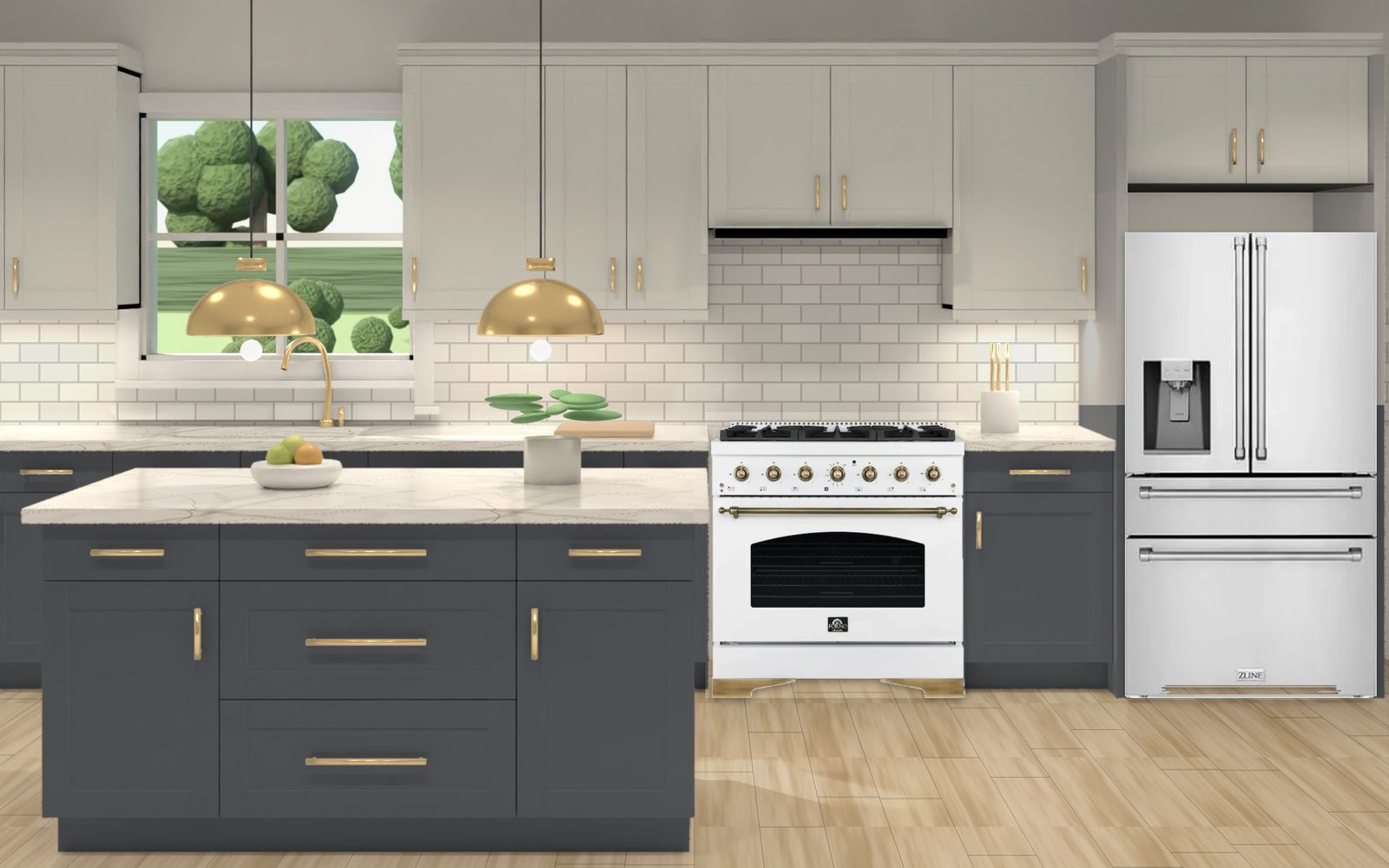 Navy and white two-tone kitchen with Forno range and ZLINE refrigerator, designed in the HomeComforts Depot kitchen visualizer