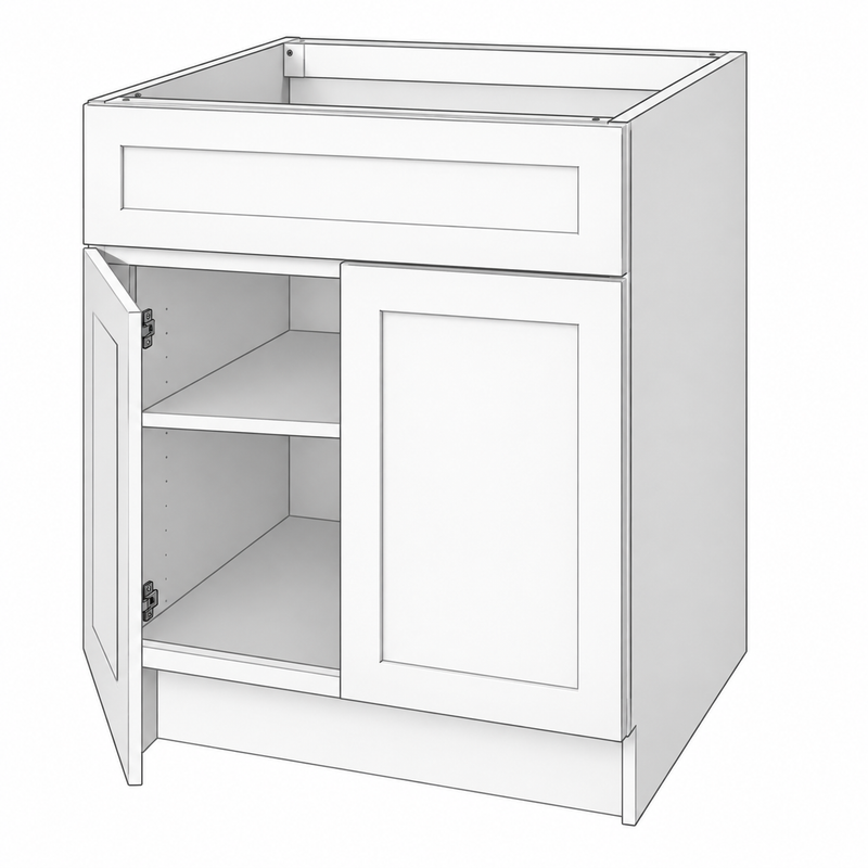 Classic White Shaker base double reference illustration; dimensions and final configuration vary by SKU (B24).