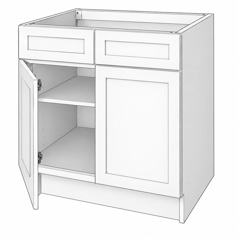 Classic White Shaker base wide reference illustration; dimensions and final configuration vary by SKU (B42).