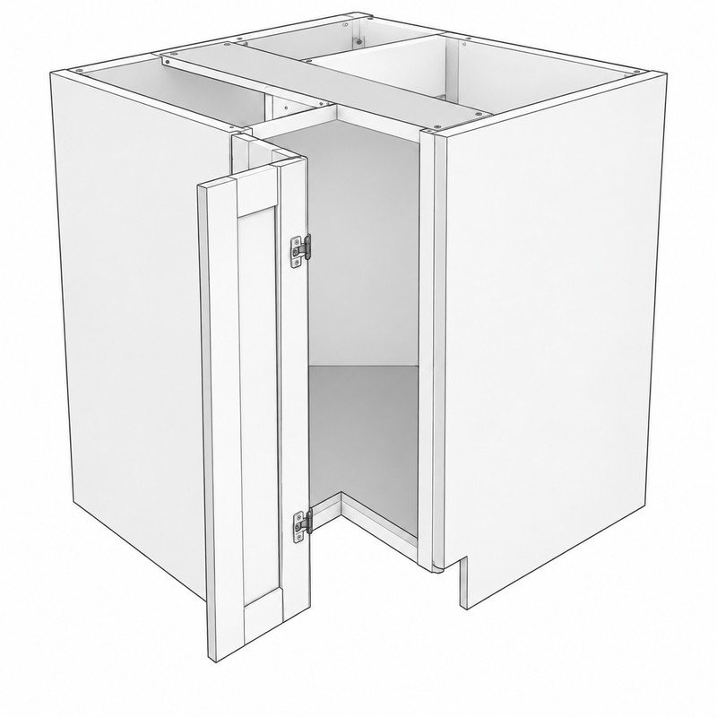 Classic White Shaker corner base reference illustration; dimensions and final configuration vary by SKU (SBC36).