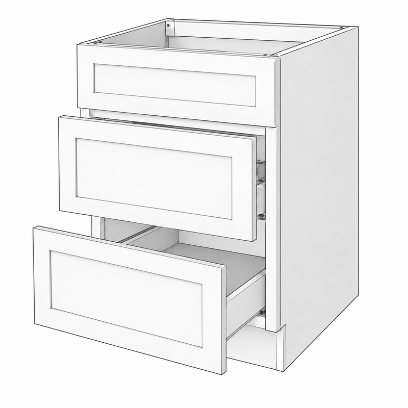 Classic White Shaker drawer base reference illustration; dimensions and final configuration vary by SKU (DB27).
