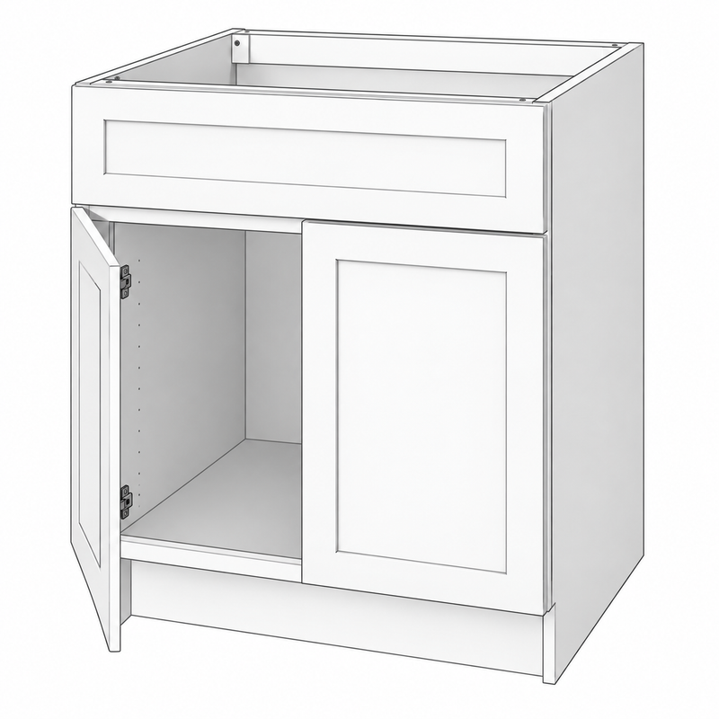Classic White Shaker sink base reference illustration; dimensions and final configuration vary by SKU (FSB36).