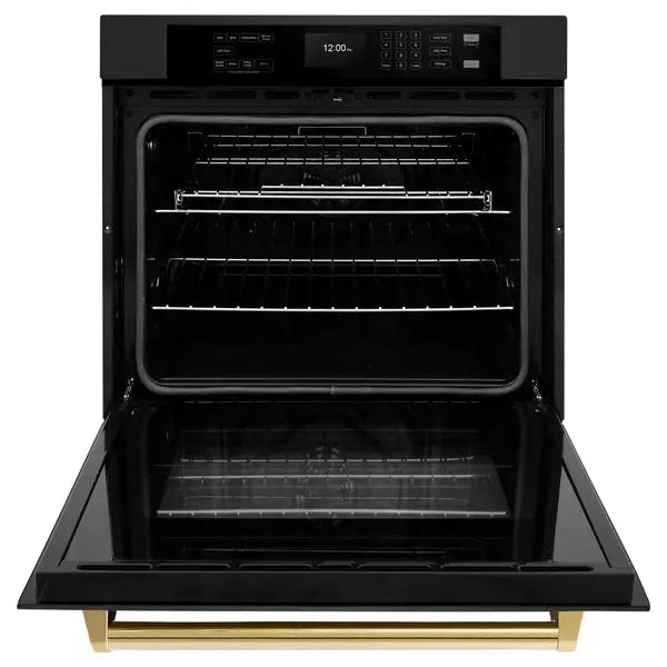 ZLINE 30 in. Autograph Edition Professional True Convection Single Wall Oven with Air Fry and Self Clean in Black Stainless Steel with Polished Gold Handle (WASBZ-30-G) Zline
