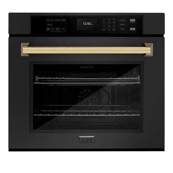 ZLINE 30 in. Autograph Edition Professional True Convection Single Wall Oven with Air Fry and Self Clean in Black Stainless Steel with Polished Gold Handle (WASBZ-30-G) Zline