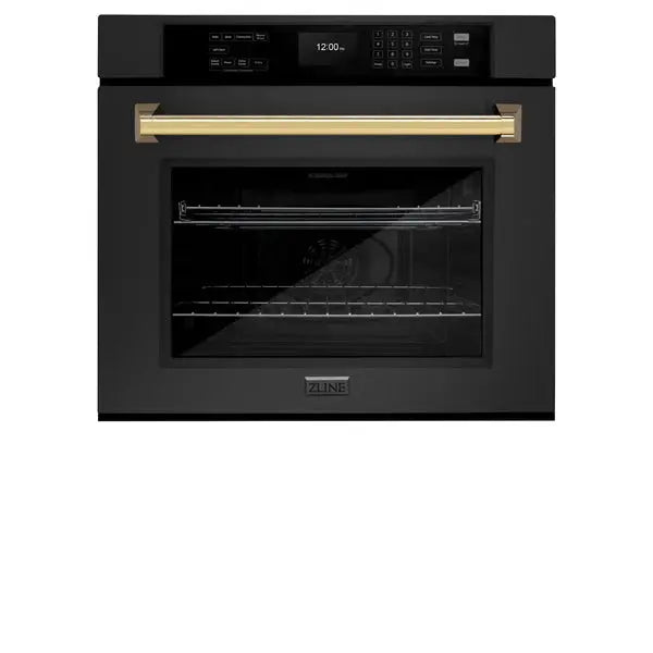 ZLINE 30 in. Autograph Edition Professional True Convection Single Wall Oven with Air Fry and Self Clean in Black Stainless Steel with Polished Gold Handle (WASBZ-30-G) Zline