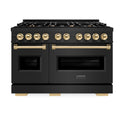 ZLINE Autograph Edition 48 in. 6.7 cu. ft. Classic Double Oven Dual Fuel Range with 8 Burner Gas Cooktop in Black Stainless Steel and Polished Gold Accents (CDRBZ-48-G)
