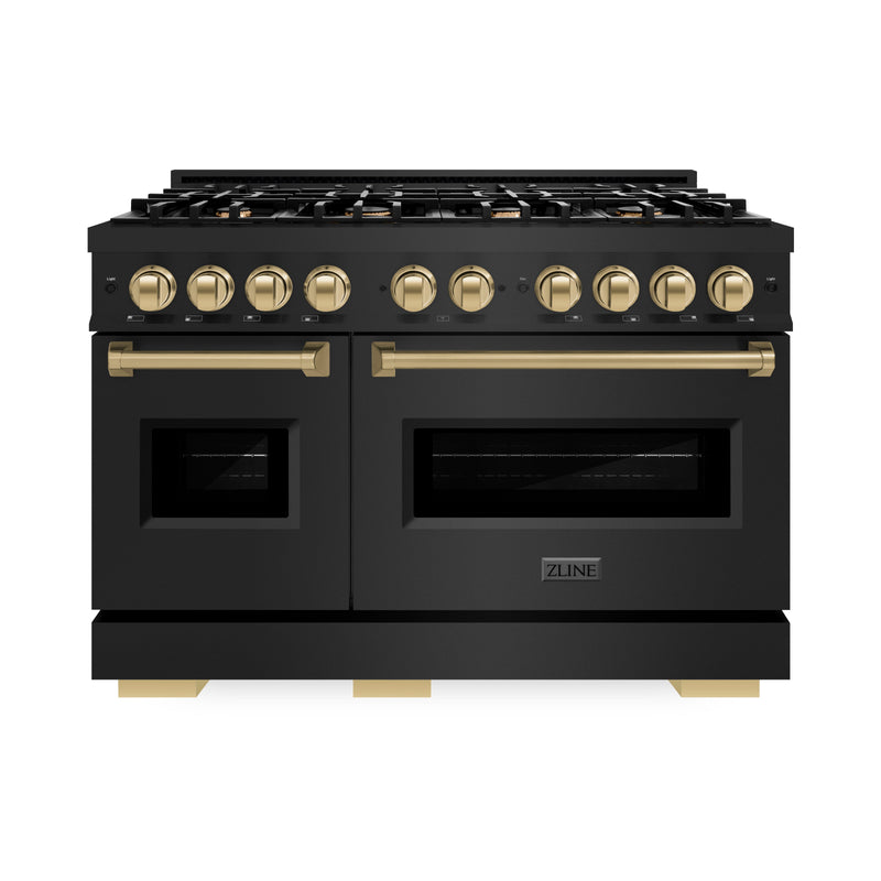 ZLINE Autograph Edition 48 in. 6.7 cu. ft. Classic Double Oven Gas Range with 8 Burner Cooktop in Black Stainless Steel and Champagne Bronze Accents (CGRBZ-48-CB) ZLINE