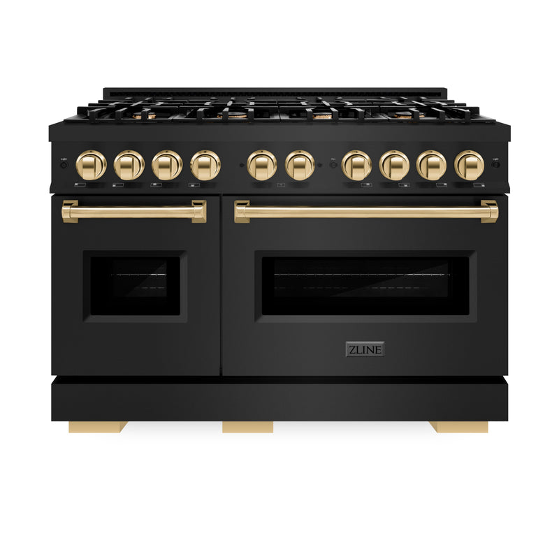 ZLINE Autograph Edition 48 in. 6.7 cu. ft. Classic Double Oven Gas Range with 8 Burner Cooktop in Black Stainless Steel and Polished Gold Accents (CGRBZ-48-G) ZLINE