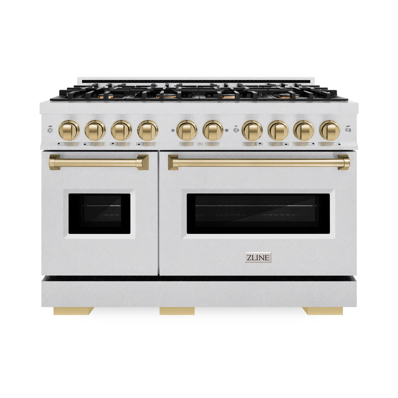 ZLINE Autograph Edition 48 in. 6.7 cu. ft. Classic Double Oven Gas Range with 8 Burner Cooktop in Satin Stainless Steel and Champagne Bronze Accents (CGRSZ-48-CB) ZLINE