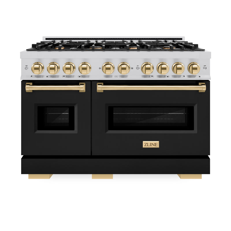 ZLINE Autograph Edition 48 in. 6.7 cu. ft. Classic Double Oven Gas Range with 8 Burner Cooktop in Stainless Steel with Black Matte Doors and Polished Gold Accents (CGRZ-BLM-48-G) ZLINE