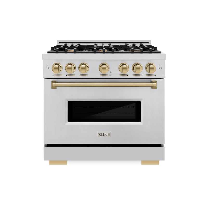 ZLINE Autograph Edition 36 in. 5.2 cu. ft. Classic Dual Fuel Range with 6 Burner Gas Cooktop and Electric Convection Oven in Stainless Steel with Champagne Bronze Accents (CDRZ-36-CB) ZLINE