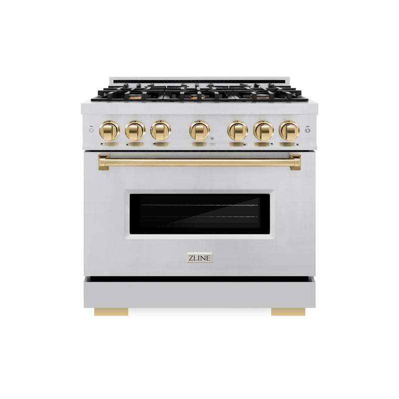 ZLINE Autograph Edition 36 in. 5.2 cu. ft. Classic Dual Fuel Range with 6 Burner Gas Cooktop and Electric Convection Oven in Stainless Steel with Polished Gold Accents (CDRZ-36-G) ZLINE