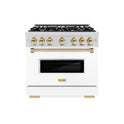 ZLINE Autograph Edition 36 in. 5.2 cu. ft. Classic Dual Fuel Range with 6 Burner Gas Cooktop and Electric Convection Oven in Stainless Steel with White Matte Door and Polished Gold Accents (CDRZ-WM-36-G)