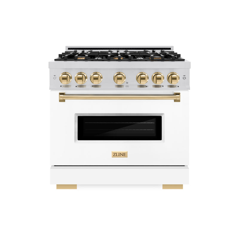 ZLINE Autograph Edition 36 in. 5.2 cu. ft. Classic Dual Fuel Range with 6 Burner Gas Cooktop and Electric Convection Oven in Stainless Steel with White Matte Door and Polished Gold Accents (CDRZ-WM-36-G) ZLINE