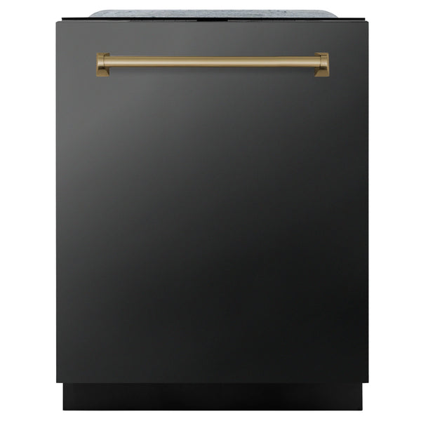 Lavavajillas ZLINE Autograph Edition de 24 pulgadas con control táctil superior y tina alta, con tercer estante, en acero inoxidable negro y manija en bronce champán, DWMTZ-BS-24-CB