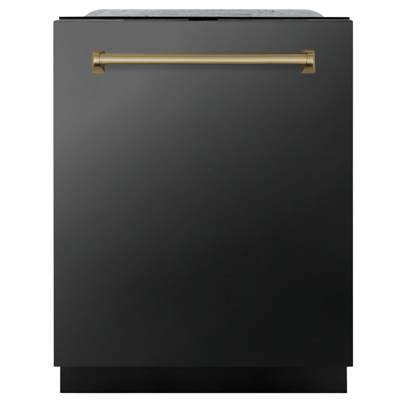 ZLINE Autograph Edition 24" Monument Series 3rd Rack Top Touch Control Tall Tub Dishwasher in Black Stainless Steel with Champagne Bronze Handle, 45dBa (DWMTZ-BS-24-CB) Zline
